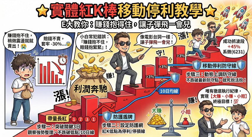 股價創新高，實體紅K棒移動停利教學 均豪5443 獲利+63%