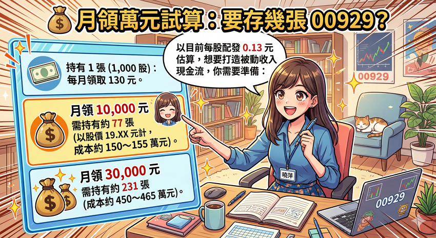 00929 配息連 6 升至 0.13 元!4/22 最後買進日、年化殖利率 8.2% 全攻略:月領萬元要幾張?填息率與成分股換血完整解析