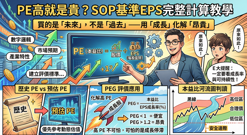 PE本益比是什麼?3分鐘學會公式計算、合理位階判讀與PEG成長股評價