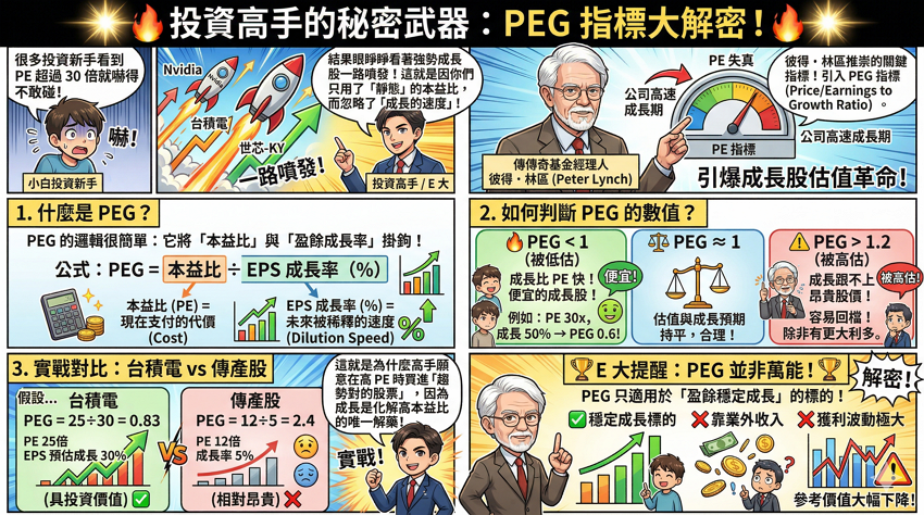 PE本益比是什麼?3分鐘學會公式計算、合理位階判讀與PEG成長股評價