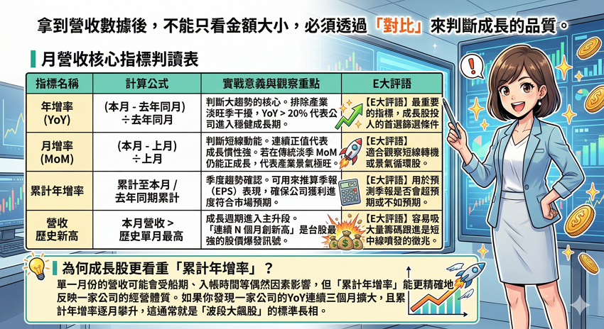月營收是什麼？2026台股營收公告日、YoY與MoM判讀教學：3步驟抓出成長股領先指標
