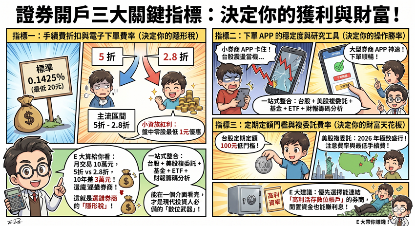選券商不是選大牌就好！E 大揭秘：挑券商必看三大硬指標

面對市場上超過 60 家券商，新手最常犯的錯誤就是「離家近」或「看廣告大」就開戶。E 大 認為，2026 年的投資環境更強調「數位整合」與「小額成本」，在比較富邦、玉山、永豐金之前，你必須先看準這三個關鍵指標：