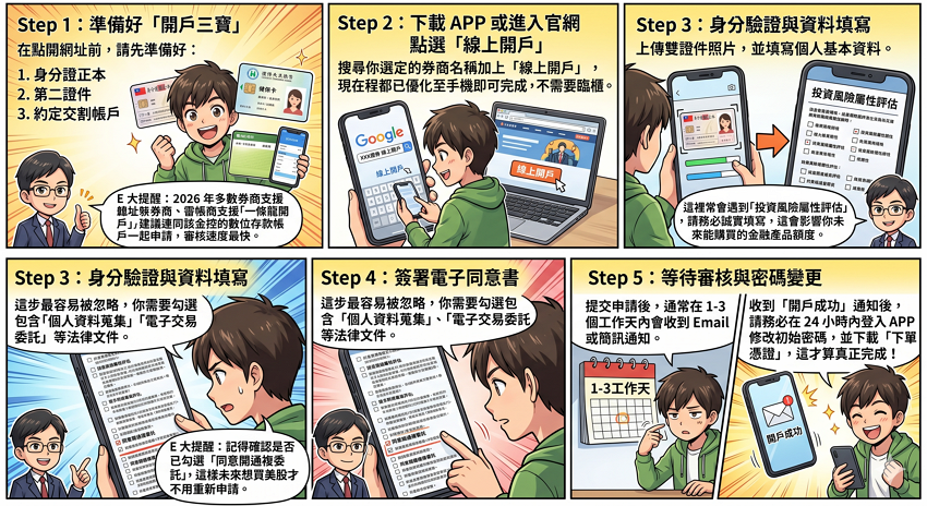 2026 證券線上開戶 5 步驟全攻略

決定好券商後，現在線上開戶最快只要 5 分鐘。E 大 整理了目前主流券商（富邦、玉山、永豐金）通用的標準流程，只要照著做，最快當天就能下單！