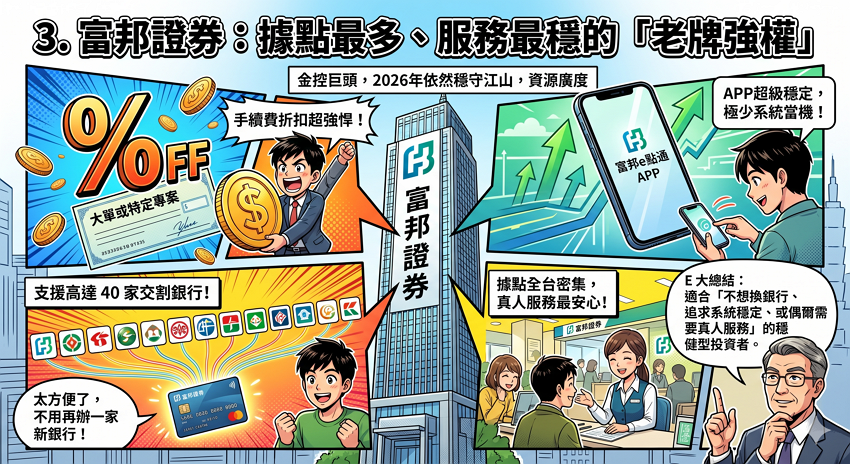 富邦作為金控巨頭，2026 年依然穩守江山，其核心優勢在於「資源的廣度」。

優勢： 手續費折扣通常非常強悍（尤其是大單或特定專案），且 APP「富邦e點通」非常穩定，極少發生系統當機。最重要的是，富邦支援的交割銀行高達 40 家，你不需要為了開戶特別再去辦一家新銀行。

隱藏加分點： 若你需要臨櫃諮詢或有實體營業員服務，富邦全台密集的據點是最大的靠山。

E 大總結： 適合「不想換銀行、追求系統穩定、或偶爾需要真人服務」的穩健型投資者。