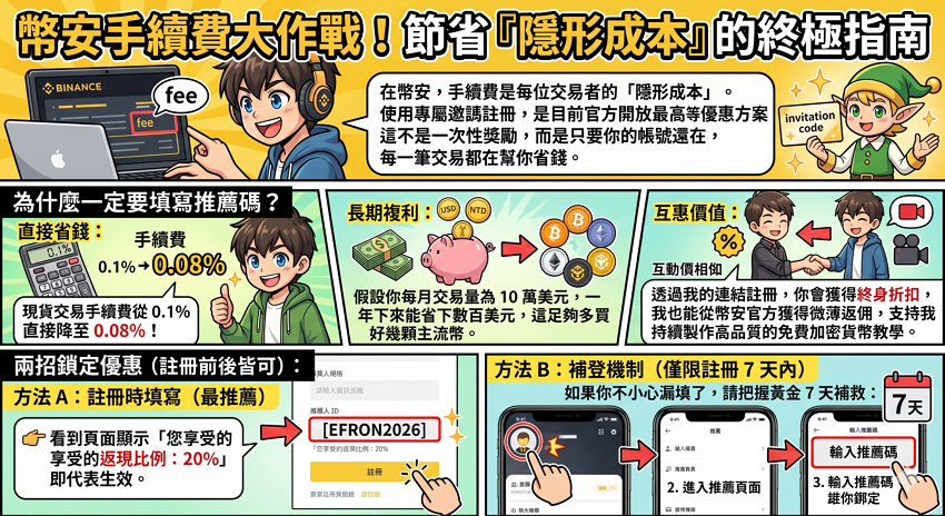 🎁 2026 幣安隱藏福利：領取「終身 20% 手續費折扣」

在幣安，手續費是每位交易者的「隱形成本」。使用專屬邀請碼註冊，是目前官方開放最高等級的優惠方案。這不是一次性獎勵，而是只要你的帳號還在，每一筆交易都在幫你省錢。

為什麼一定要填寫推薦碼？

直接省錢： 現貨交易手續費從 0.1% 直接降至 0.08%。

長期複利： 假設你每月交易量為 10 萬美元，一年下來能省下數百美元，這足夠多買好幾顆主流幣。

互惠價值： 透過我的連結註冊，你會獲得終身折扣，我也能從幣安官方獲得微薄返佣，支持我持續製作高品質的免費加密貨幣教學。