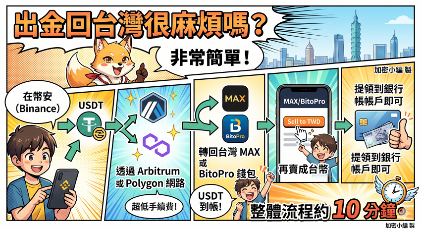 步驟 5：首次入金，新手建議從 USDT 開始

三種入金方式依需求選擇：

A：信用卡買幣
最快、最無腦，刷卡直接買 BTC、ETH 或 USDT。手續費約 2%～3%，適合第一次體驗或金額不大時使用。

B：P2P 交易（C2C）
在幣安內部直接向台灣賣家以台幣購買 USDT，銀行轉帳免手續費。但要挑選完成率高、評價好的商家，並全程在幣安聊天室溝通，絕不私下交易。

C：台灣交易所入金→幣安（最省）
在台灣合規交易所（如 MAX、BitoPro）用台幣買 USDT，再透過區塊鏈轉到幣安錢包。建議選用 Arbitrum（ARB）或 Polygon 網路傳輸，手續費通常低於 0.5 USDT，到帳又快。轉帳前務必確認幣安端選的是「同一個網路、同一個幣種」，否則資產可能永久消失。

💡 銀行小提醒：2026 年台灣多數銀行對合規交易所已較開放，但頻繁進行 P2P 交易仍可能觸發銀行風控。建議使用純網銀（如 LINE Bank、樂天國際銀行）或設有虛擬資產專區的銀行作為出入金帳戶，並避開薪轉戶，減少被擋的機率。