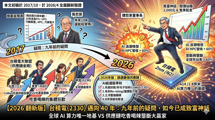 【預言成真】半導體黃金十年：AI 不只是金礦，更是台積電的算力地基

回顧 2017 年台積電 30 周年慶，當時黃仁勳（Nvidia）、庫克（Apple）等科技巨頭親自站台。那時大家一致看好 AI 人工智慧是「下一個 10 年的金礦」。

張忠謀當年曾給出這組預測：

「未來 10 年成長動能來自：行動裝置、高效能運算（HPC）、汽車電子與物聯網。預估台積電年成長可達 5% ~ 10%。」