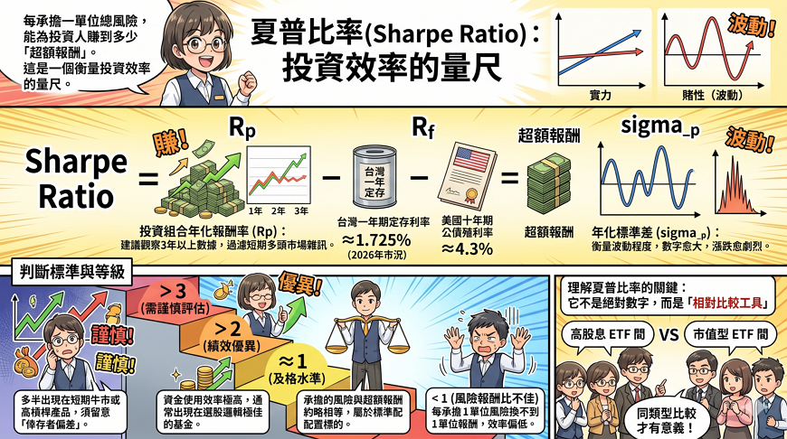 二、夏普比率公式與原理：風險調整後報酬的核心邏輯

夏普比率的核心精神是：每承擔一單位總風險，能為投資人賺到多少「超額報酬」。這是一個用來衡量投資效率的量尺，幫助我們釐清報酬是來自於實力，還是單純靠「賭性」博來的波動。