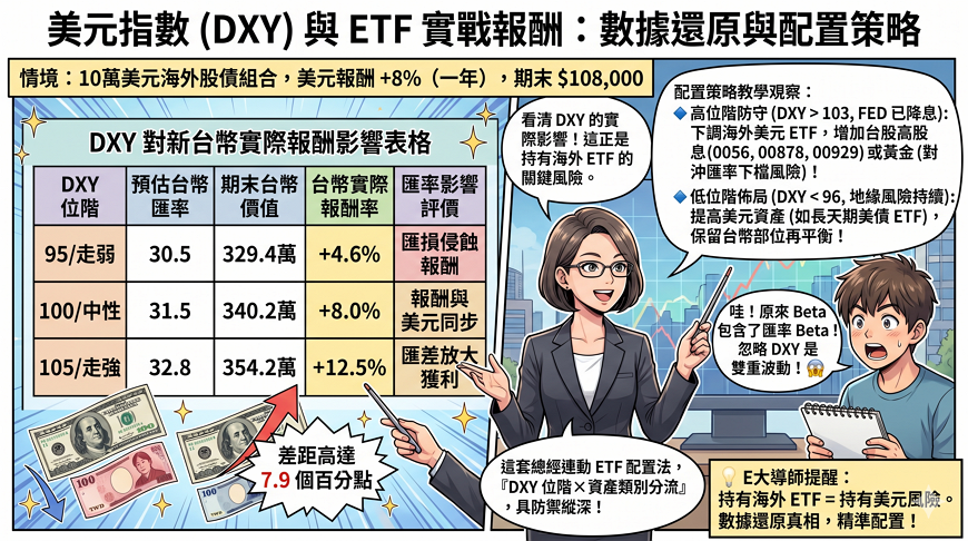 DXY 95／100／105 三情境試算：10 萬美元 ETF 的台幣報酬差異