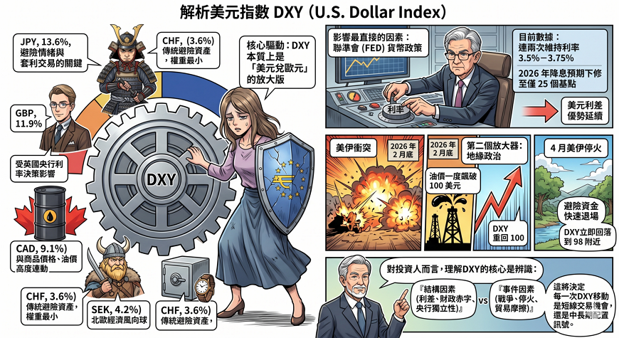 二、美元指數 DXY 是什麼？六大貨幣權重與 FED 政策的連動結構

美元指數 DXY 是由美國洲際交易所（ICE）編製，用以衡量美元對六種主要外幣（歐元、日圓、英鎊、加幣、瑞典克朗、瑞士法郎）匯率變動的加權幾何平均值。