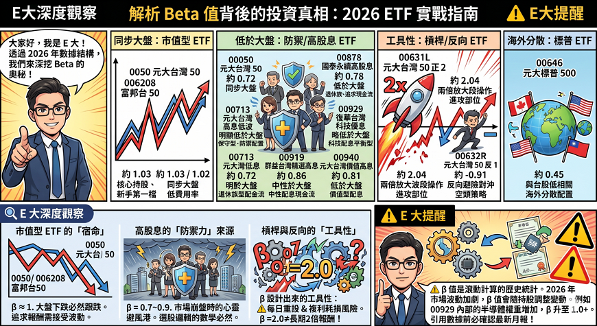 三、2026 台灣熱門 ETF Beta 值實戰對照表：誰最抗跌？誰最會漲？