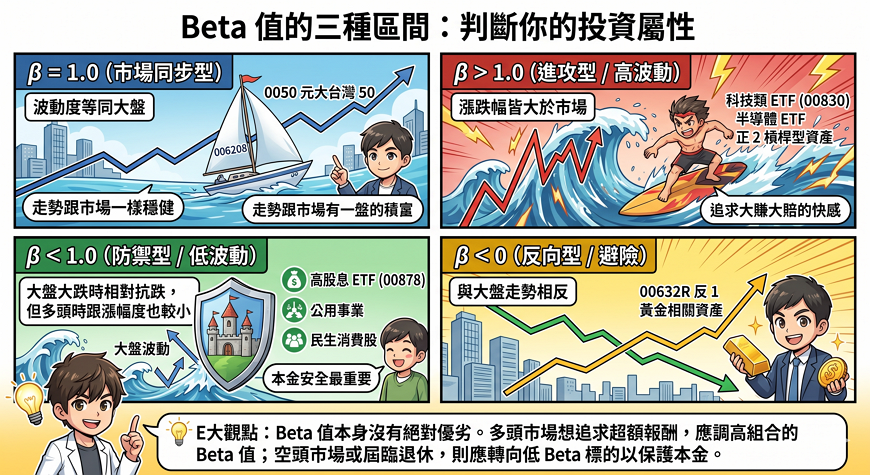 ▌ Beta 值的三種區間：判斷你的投資屬性

透過 Beta 值，我們可以將台灣常見的投資標的分為四大類：

β = 1.0（市場同步型）：波動度等同大盤。

典型代表：0050 元大台灣 50、006208。

β > 1.0（進攻型 / 高波動）：漲跌幅皆大於市場。

典型代表：科技類 ETF (00830)、半導體 ETF、正 2 槓桿型資產。

β < 1.0（防禦型 / 低波動）：大盤大跌時相對抗跌，但多頭時跟漲幅度也較小。

典型代表：高股息 ETF (00878)、公用事業、民生消費股。

β < 0（反向型 / 避險）：與大盤走勢相反。

典型代表：00632R 元大台灣 50 反 1、黃金相關資產。