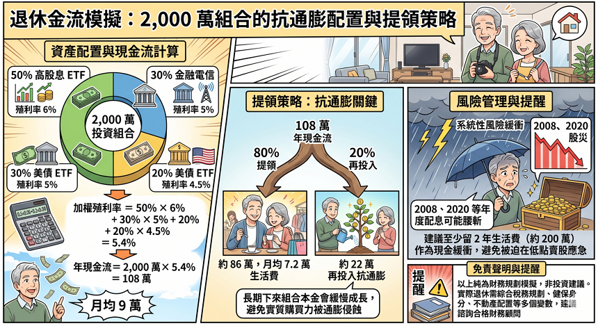 退休金流模擬：2,000 萬組合的抗通膨配置與提領策略