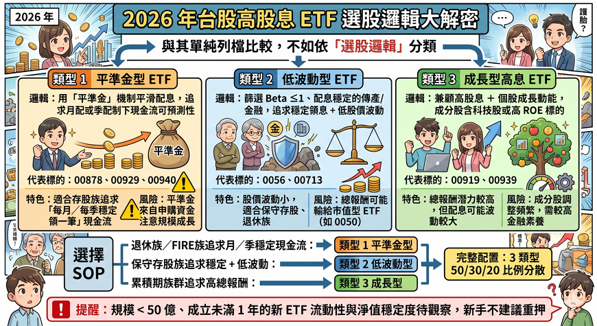 2026 台股高股息 ETF 類型全評比（選股邏輯分類表）

2026 年台股高股息 ETF 數量持續擴增。與其單純列檔比較，更實用的是依「選股邏輯」分類，這樣未來新發行 ETF 也能快速歸類：
