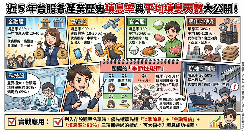 台股產業填息率與天數對照表（含季節性規律）