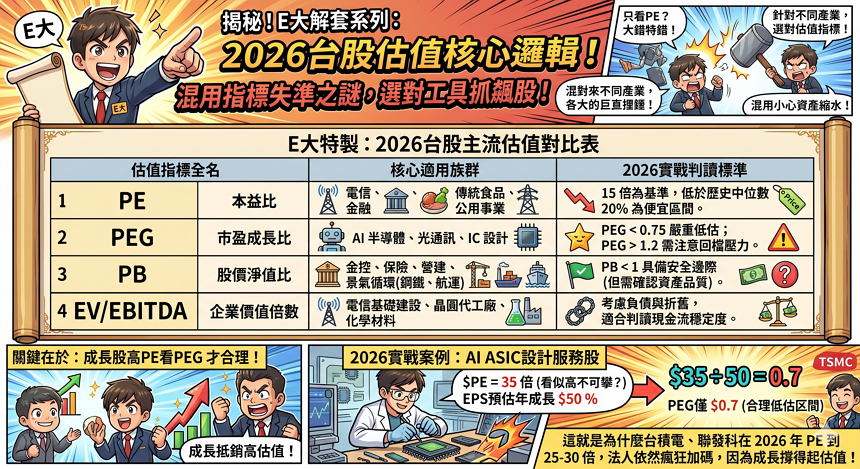 台股 8 大電子族群 PE 歷史中位數對照