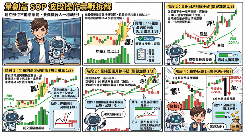 量創高 vs 量縮回測：4 階段波段 SOP