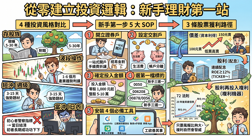 如何開始投資股票？新手 SOP 懶人包：4 大風格、3 種獲利路徑與複利公式詳解
