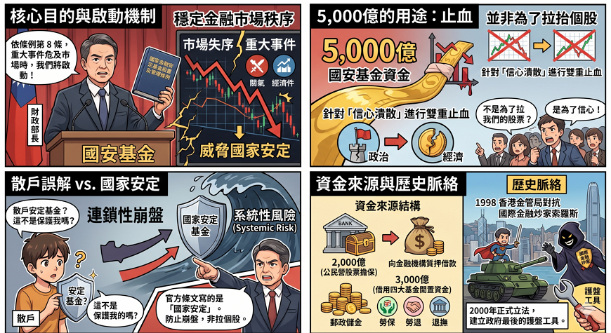 國安基金的本質：政治經濟止血器

國安基金的核心目的是穩定金融市場秩序，依據《國家金融安定基金設置及管理條例》第 8 條，當重大事件引發市場失序、威脅國家安定時即可啟動。