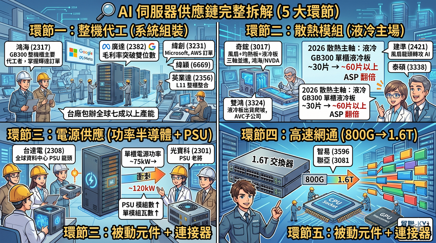 🔍 AI 伺服器供應鏈完整拆解（5 大環節）
