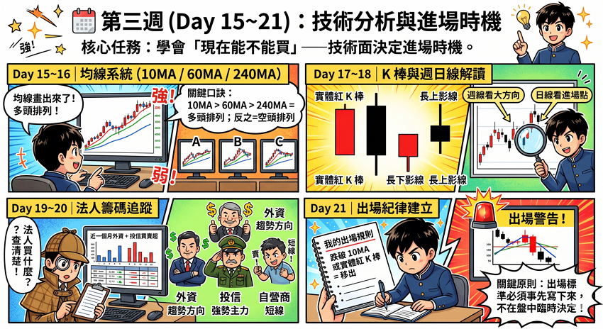 📅 第三週（Day 15~21）：技術分析與進場時機

第三週的任務是學會「現在能不能買」——技術面決定進場時機。
