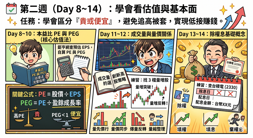 📅 第二週（Day 8~14）：學會看估值與基本面

第二週的任務是把「貴或便宜」這個判斷學起來——這是區分「追高被套」與「低接賺錢」的核心能力。