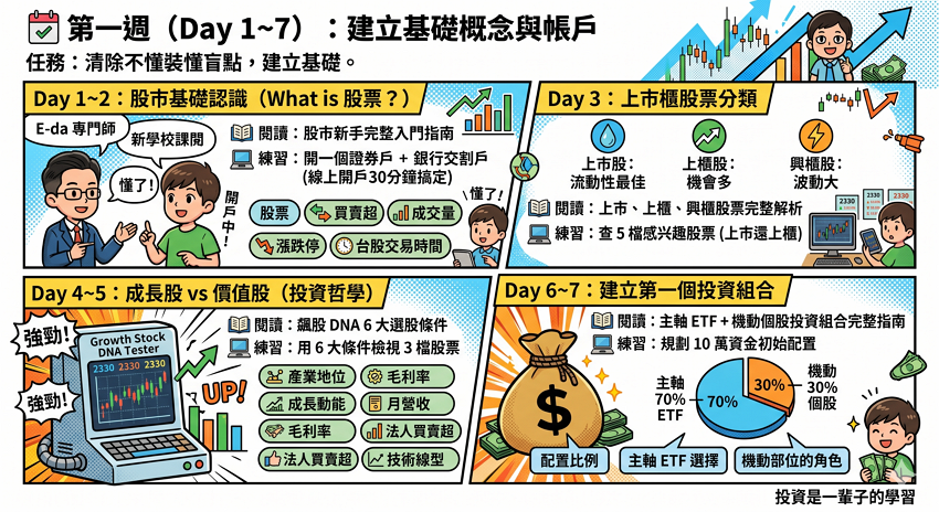 📅 第一週（Day 1~7）：建立基礎概念與帳戶

第一週的任務是把「不懂裝懂」的盲點清掉，建立基本帳戶與概念。