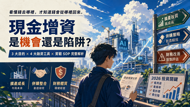 公司現增是好是壞？拆解 3 大募資目的與 4 大工具對比，掌握 2026 擴產套利機會。