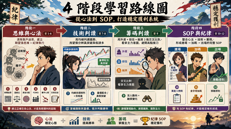 📊 4 階段學習路線圖：從心法到 SOP

12 堂課程分成 4 個漸進式階段，每個階段都有明確的學習目標：