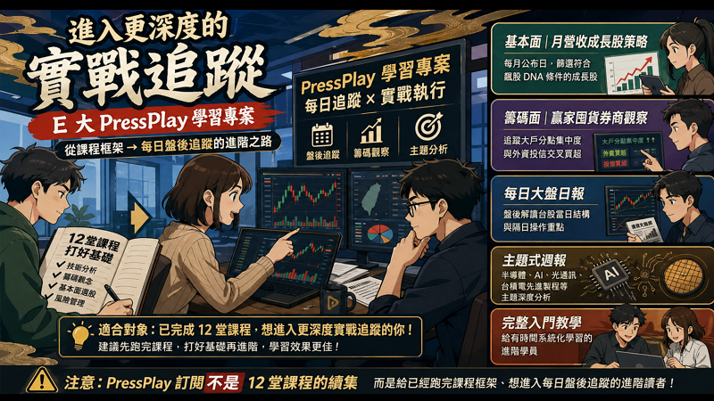 📈 想進入更深度的實戰追蹤？E 大 PressPlay 學習專案

如果跑完 12 堂後想進一步看 E 大每天怎麼盤後追蹤、怎麼挑月營收成長股、怎麼讀法人籌碼，可以參考 PressPlay 學習專案——內容主軸是實戰執行型，不是初學者教材。
