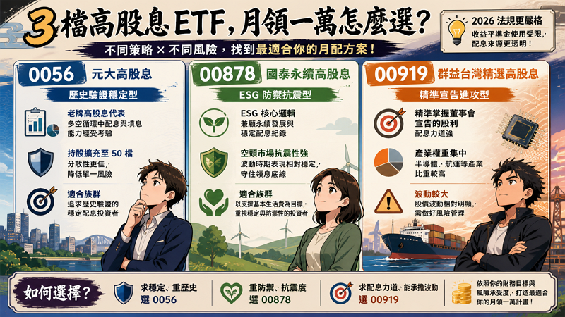 0056、00878、00919 試算時要注意什麼

0056、00878、00919 是台股最具代表性的三種高股息策略類型，分別代表了「預測未來高息」、「ESG 穩定選股」與「精準宣告股利」三種不同的投資邏輯，試算時需針對其選股差異進行風險權衡。