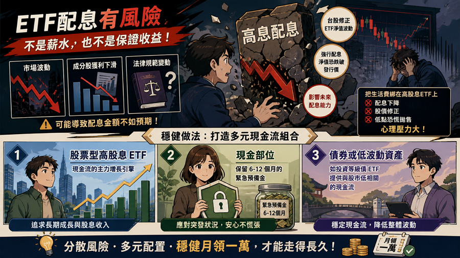 不要把配息當成薪水保證

ETF 配息風險是指配息來源可能受到市場波動、成分股獲利下滑或法律規範變動影響，導致配息金額不如預期，因此投資者不應將其視為與薪資同等穩定的絕對保證。