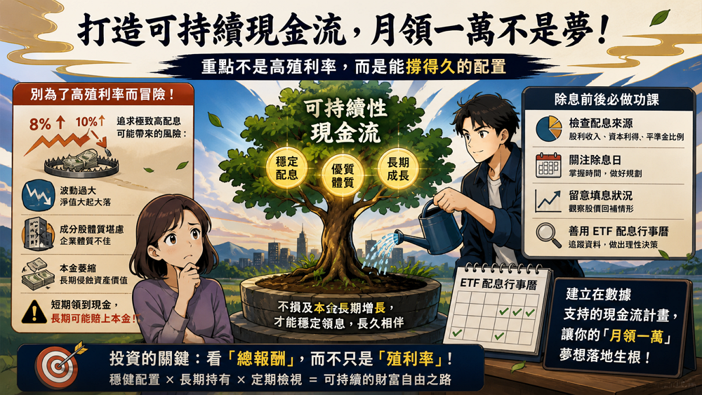 E 大判斷：先求可持續，再求配多少

可持續性現金流（Sustainable Cash Flow）是指在不損及投資本金長期增長的前提下，能夠穩定且長期獲取的配息收入，其重要性高於短期的帳面高殖利率。