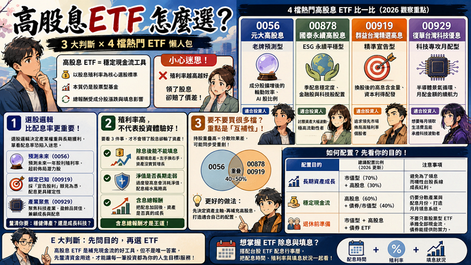 2026 高股息 ETF 挑選指南：0056、00878、00919、00929 誰才是現金流王者？