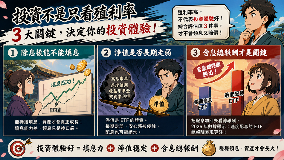 第二個判斷：殖利率高，不代表投資體驗好

投資體驗是指投資人在持有 ETF 期間的心理安穩度與最終總報酬，必須綜合考慮填息能力、淨值穩定性與含息總報酬，而非單純的年化殖利率數字。