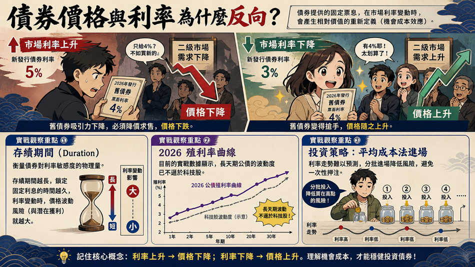 債券價格與利率為什麼反向

債券價格與市場利率呈現「負相關」關係，這是由於債券提供的固定票息，在市場利率變動時，會產生相對價值的重新定義（機會成本效應）。