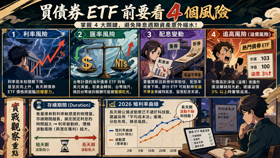 買債券 ETF 前要看 4 個風險

投資債券 ETF 絕非無風險套利，必須嚴格控管利率風險、匯率波動、配息不確定性及市場溢價等四大變數，才能避免資產在降息周期中意外縮水。