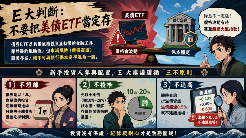 E 大判斷：不要把美債 ETF 當定存

債券 ETF 是具備風險性資產特徵的金融工具，雖然違約風險低，但市場風險（價格震盪）顯著存在，絕不可與銀行保本定存混為一談。