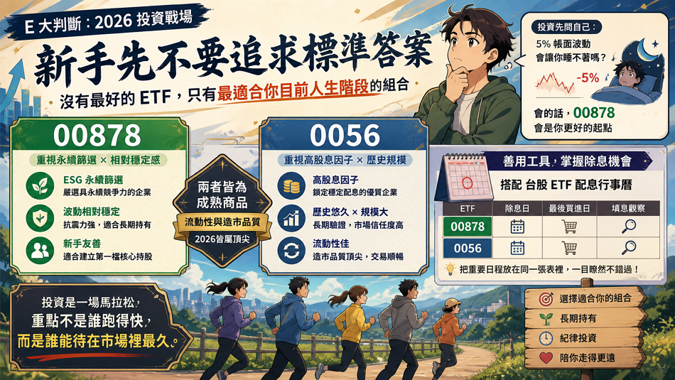 E 大判斷：新手先不要追求標準答案

在 2026 年的投資戰場上，沒有最好的 ETF，只有最適合你目前人生階段的組合。新手投資人往往過於關注「誰的殖利率多 0.5%」，卻忽略了持有時的心理安定感。如果你會因為 5% 的帳面波動就睡不著覺，那麼抗震力強的 00878 會是你更好的起點。
