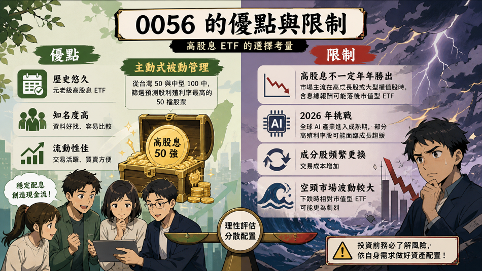 0056 的優點與限制

0056 作為台股高股息的元老級標的，其核心價值在於其「預測性選股邏輯」，能精準鎖定市場中未來一年最具配息潛力的 50 檔企業。這種「主動式被動管理」讓 0056 在除權息旺季時，往往能提供令人滿意的殖利率表現，是追求高現金流投資者的標準答案。