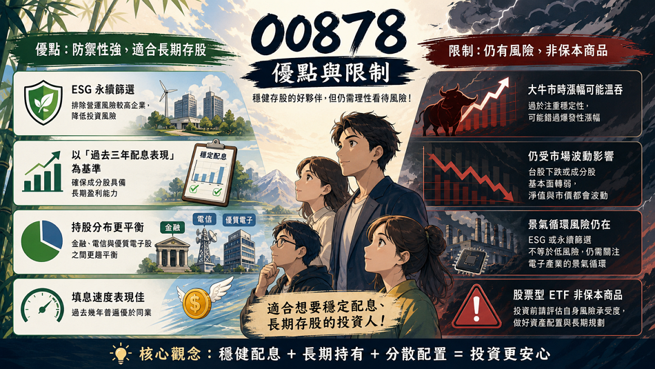 00878 的優點與限制

00878 的核心優勢在於其「防禦性」，透過 ESG 永續篩選機制排除營運風險較高的企業，並以「過去三年配息表現」作為基準，確保成分股具備長期盈利能力。這種選股邏輯在 2026 年的震盪盤勢中，讓投資人的心理壓力相對較小，是非常理想的長期存股工具。