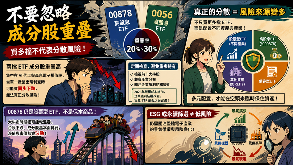 不要忽略成分股重疊

投資人常陷入「買多檔就是分散」的誤區，但 00878 與 0056 在 2026 年的成分股重疊率仍維持在 20%-30% 左右，特別集中在 AI 代工與高息電子權值股。這意味著當單一產業（如半導體或伺服器）出現利空時，兩檔 ETF 可能會同步下跌，無法達到真正的風險分散。