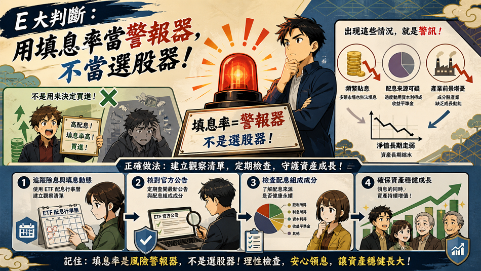 E 大判斷：用填息率當警報器，不當選股器

總結來說，填息率最適合的角色是「風險排除的警報器」，而不是「決定買進的選股器」。若一檔 ETF 長期標榜高配息，卻在多頭市場中也頻繁出現無法填息（貼息）的狀況，這就是最明確的警訊。