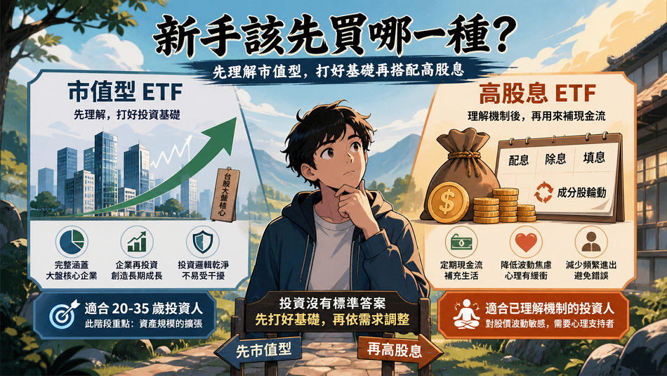 新手該先買哪一種

根據數據顯示，長期持有市值型 ETF 的「總報酬率」通常會高於高股息 ETF，這是因為企業保留盈餘進行再投資產生的成長價值，往往高於發放現金後股價的減損。