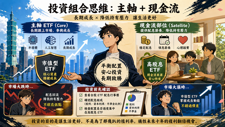 E 大判斷：用主軸 ETF + 現金流部位思考

更好的做法，是把市值型 ETF 視為主軸 ETF（Core），把高股息 ETF 視為現金流部位（Satellite）。