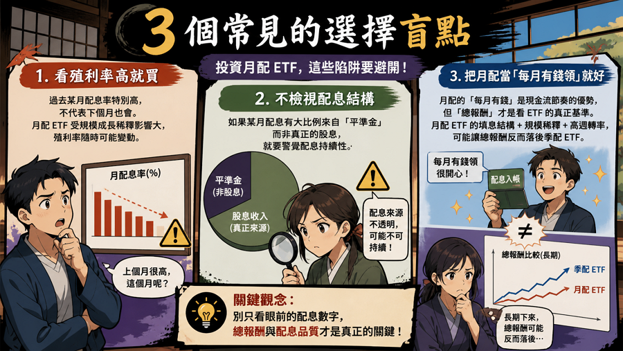 3 個常見的選擇盲點
1. 看殖利率高就買
2. 不檢視配息結構
3. 把月配當「每月有錢領」就好