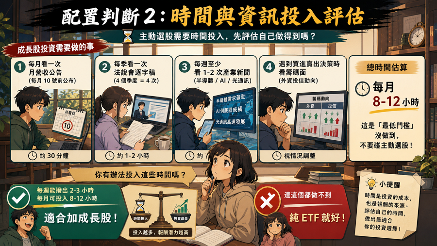 配置判斷 2：時間與資訊投入評估

成長股投資不是「免費午餐」 — 你需要投入的最小單位是：

每月看一次月營收公告（每月 10 號前公佈）

每季看一次法說會逐字稿（4 個季度 = 4 次）

每週至少看 1-2 次產業新聞（半導體 / AI / 光通訊）

遇到買進賣出決策時，看籌碼面（外資投信動向）