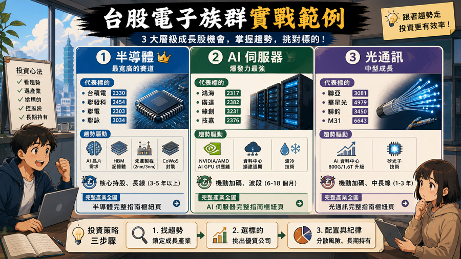 台股電子族群實戰範例
依 E大 主場觀察，台股電子族群可分為 3 個層級的成長股機會：

1. 半導體（最寬廣的賽道）

代表標的：台積電 2330、聯發科 2454、聯電 2303、聯詠 3034

趨勢驅動：AI 晶片需求、HBM 記憶體、先進製程（2nm/3nm）、CoWoS 封裝

適合：核心持股、長線（3-5 年以上）

完整產業全圖：半導體完整指南樞紐頁。

2. AI 伺服器（爆發力最強）

代表標的：鴻海 2317、廣達 2382、緯創 3231、技嘉 2376

趨勢驅動：NVIDIA / AMD AI GPU 供應鏈、資料中心擴建週期、液冷技術

適合：機動加碼、波段（6-18 個月）

完整產業全圖：AI 伺服器完整指南樞紐頁。

3. 光通訊（中型成長）

代表標的：聯亞 3081、華星光 4979、聯鈞 3450、M31 6643

趨勢驅動：AI 資料中心 800G/1.6T 升級、矽光子技術

適合：機動加碼、中長線（1-3 年）