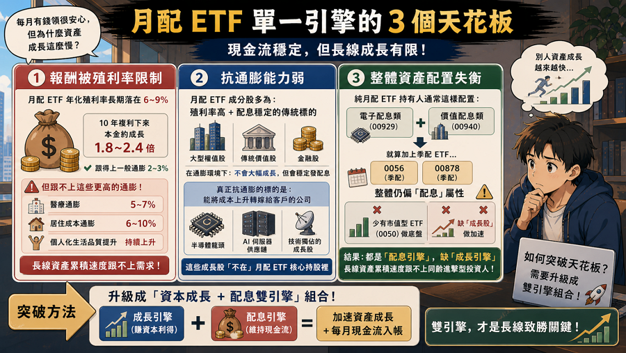 一、月配 ETF 單一引擎的 3 個天花板