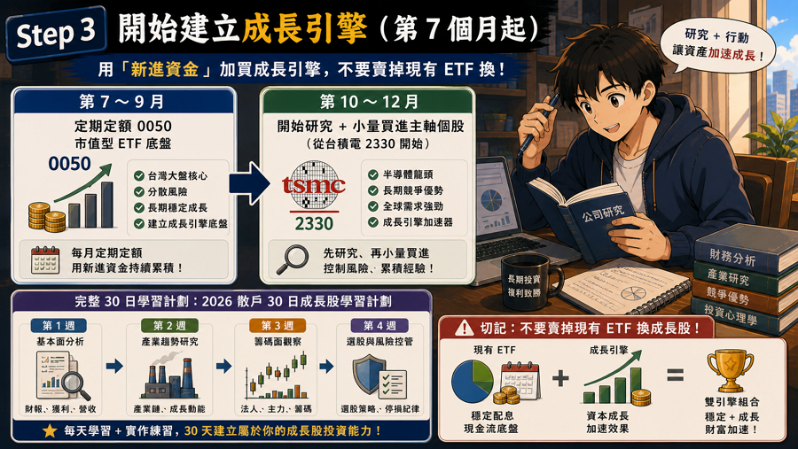 Step 3：開始建立成長引擎（第 7 個月起）

用「新進資金」加買成長引擎、不要把現有 ETF 賣掉換：

第 7-9 月：定期定額 0050（市值型底盤）

第 10-12 月：開始研究 + 小量買進主軸個股（從台積電 2330 開始）